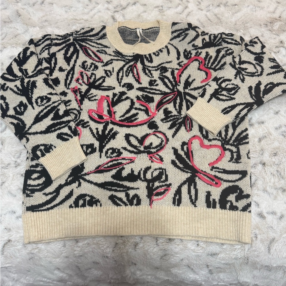 Anthropologie Floral Patterned Sweater - Black, Cream, and Pink